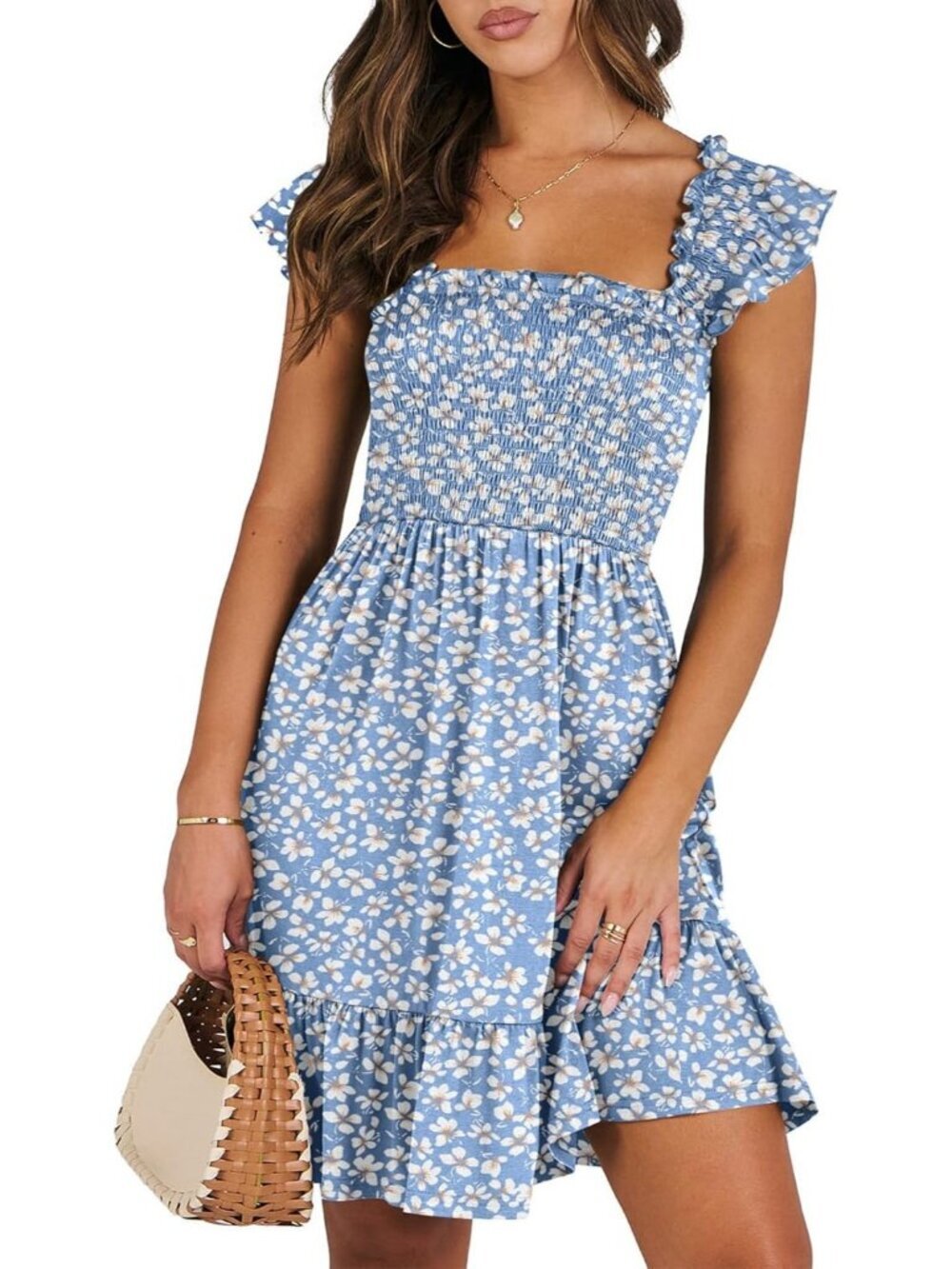 Women's Summer Sleeveless Square Neck Dress Floral Blue Smocked Ruffle Backless